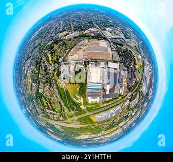 Luftbild, Gewerbepark Schalke an der Hochkampstraße, Baustelle Baugebiet und Gewerbeflächen, Autobahn A42, Erdkugel, Fisheye Aufnahme, Fischaugen Aufnahme, 360 Grad Aufnahme, winzige Welt, kleiner Planet, Fischaugenbild, Schalke-Nord, Gelsenkirchen, Ruhrgebiet, Nordrhein-Westfalen, Deutschland ACHTUNGxMINDESTHONORARx60xEURO *** Luftaufnahme, Industriepark Schalke an der Hochkampstraße, Baustellenbaugebiet und Gewerbeflächen, Autobahn A42, Globus, Fisheye-Bild, 360°-Bild, winzige Welt, kleiner Planet, Fischaugenbild, Schalke Nord, Gelsenkirchen, Ruhrgebiet, Nordrhein-Westfalen, Deutsch Stockfoto