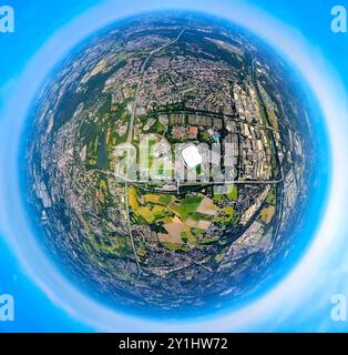 Luftbild, Berger Feld, Fußballstadion Veltins-Arena Bundesligastadion des FC Schalke 04 mit geschlossenem Dach und ausgefahrenem Spielfeld Rasen, Arena AufSchalke Trainingsplätze und Hotelanlage Stays by Friends, Autobahn A2 und Kurt Schumacher Straße, Erdkugel, Fisheye Aufnahme, Fischaugen Aufnahme, 360 Grad Aufnahme, winzige Welt, kleiner Planet, Fisheye Bild, Erle, Gelsenkirchen, Ruhrgebiet, Nordrhein-Westfalen, Deutschland ACHTUNGxMINDESTHONORARx60xEURO *** Luftansicht, Berger Feld, Fußballstadion Veltins Arena Bundesliga Stadion des FC Schalke 04 mit geschlossenem Dach und erweitertem Spielfeld, Arena auf Stockfoto