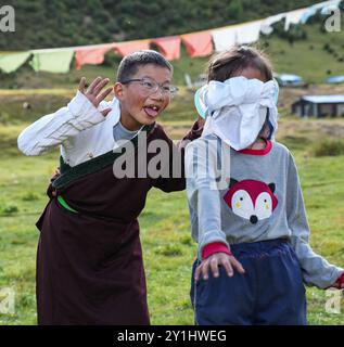 (240907) -- LHASA, 7. September 2024 (Xinhua) -- Konchog Rapten (L) spielt mit seinem Cousin auf der Sommerweide in Nyangpo Township im Gongbo'Gyamda County, Nyingchi, südwestchinesische Autonome Region Xizang, 4. September 2024. Konchog Rapten ist ein 10-jähriger Junge, der in der fünften Klasse an der Central Primary School im Gongbo'Gyamda County, Nyingchi, studiert. Seine Schule, die auf einer Höhe von fast 4.000 Metern liegt, ist die höchste Schule im County. Die Schule ist gut ausgestattet mit modernen Einrichtungen, darunter Klassenzimmer mit interaktiven Touchscreen-Lernsystemen und Heizung. Die CA Stockfoto