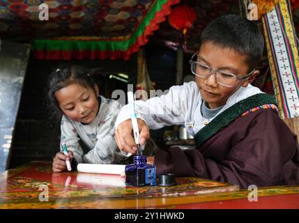 (240907) -- LHASA, 7. September 2024 (Xinhua) -- Konchog Rapten (R) demonstriert tibetische Kalligraphie auf der Sommerweide in Nyangpo Township im Gongbo'Gyamda County, Nyingchi, südwestchinesische Autonome Region Xizang, 4. September 2024. Konchog Rapten ist ein 10-jähriger Junge, der in der fünften Klasse an der Central Primary School im Gongbo'Gyamda County, Nyingchi, studiert. Seine Schule, die auf einer Höhe von fast 4.000 Metern liegt, ist die höchste Schule im County. Die Schule ist gut ausgestattet mit modernen Einrichtungen, darunter Klassenzimmer mit interaktiven Touchscreen-Lehrsystemen und Heizung Stockfoto