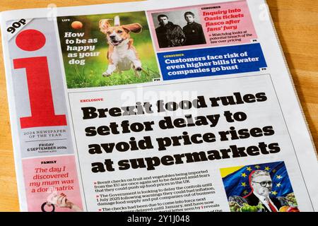 6. September 2024. Die Titelzeile der Zeitung i lautet Brexit-Lebensmittelregeln, die auf Verzögerungen ausgelegt sind, um Preiserhöhungen in Supermärkten zu vermeiden. Stockfoto