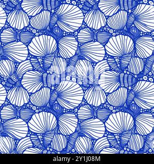 Modernes Cottage am Strand im rustikalen Muschelblock-Muster im Stil des Sealife Beach. Azurblaues weißes Muschelmotiv mit Leinennägeln Stockfoto
