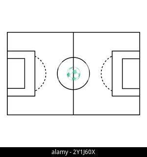 Fußballstadionzeichnung in Schwarz-weiß-Farben mit grünem Fußball in der Mitte, Fußballstrategieplanung, Fußball, Fußballtaktik Stock Vektor