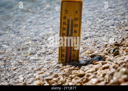 Holzthermometer zur Messung der steigenden Temperatur des Meerwassers während der Hitzewelle. Stockfoto