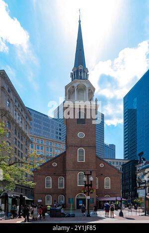 Das Old South Meeting House ist ein historisches Gebäude, das für den Ort berühmt ist, an dem die Boston Tea Part organisiert wurde. Kongregationskirche. Stockfoto