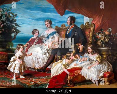 Die Familie der Königin Victoria von Franz Xaver Winterhalter, Öl auf Leinwand, 1846. Prinz Albert sitzt neben Königin Victoria. Der Prinz von Wales, der eine russische Bluse trägt, steht neben seiner Mutter. Prinz Alfred ist links im Rock-Outfit. Victoria, Prinzessin Royal, Prinzessin Alice und die kleine Prinzessin Helena sind auf der rechten Seite Stockfoto