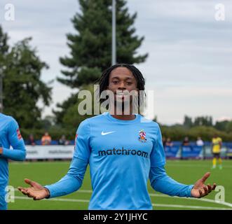 Brentwood, England, Großbritannien. September 2024. Brentwood Town wird in der FA Trophy ein schwieriges Spiel gegen einen in Form befindlichen Witham Town erleben. Die gute Form von Witham Town könnte es zu einem harten Wettbewerb machen. Es verspricht ein spannendes Spiel zu werden, bei dem beide Teams versuchen, im Wettbewerb voranzukommen. Aber Brentwood Town gewinnt 3-2 Credit: Richard Lincoln/Alamy Live News Stockfoto