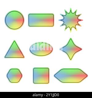 Paket mit holografischen Vektoraufklebern. Satz farbiger Etiketten. Hologrammetiketten verschiedener Formen Stock Vektor