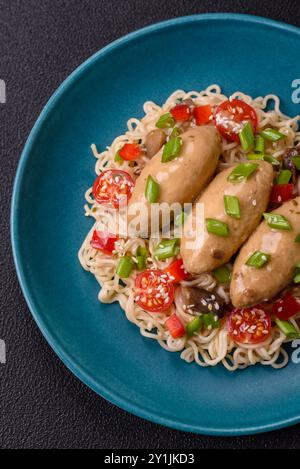 Fisch- oder Fleischquenelles mit Gemüse, Salz und Gewürzen in Pilzsauce auf dunklem Betonhintergrund Stockfoto