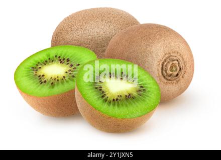 Ganze und geschnittene Kiwis, isoliert auf weißem Hintergrund Stockfoto