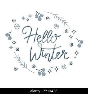 Hallo Winterkranz Vektor Illustration. Handgezeichneter Weihnachtskranz mit Doodle. Grußkarte, Schreibwaren, Posterdesign Stock Vektor