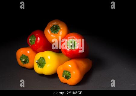 Bunte Paprika auf schwarzem Hintergrund. Geringe Schärfentiefe. Stockfoto