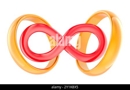 Unendlichkeit Liebe, Konzept. Unendlichkeitszeichen mit Eheringen, 3D-Rendering isoliert auf weißem Hintergrund Stockfoto