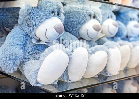 Große blaue Teddybären im Supermarkt. Die Welt der Kindheit Stockfoto