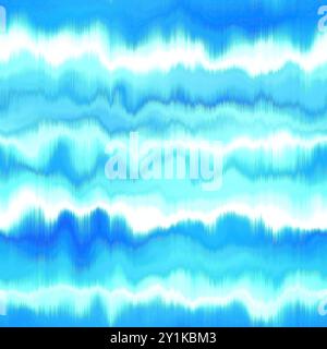 Wiederholbarer Alkoholtinte-Bluteffekt in blau-weißen Indigo-Farben. Moderner, im Sommer gestreifter Hintergrund mit nahtlosem Muster für trendige Strandbekleidung und Stockfoto