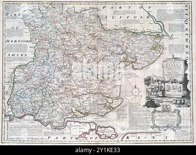 Ein akkurater Kartendruck aus dem 18. Jahrhundert beschreibt die englische Grafschaft Essex England Großbritannien. Die Karte markiert Städte, Straßen und topografische Merkmale, Hunderte von John Bowles und Robert Sayer 1767 Antiquitäten Stockfoto
