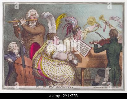 Ein lustiger humorvoller Farbstich des PIC NIC Orchestra Aquarellätzung auf Papier aus dem 18. Jahrhundert, erstellt von James Gillray antike Printkunstwerke menschliche Karikaturen, satirischer Druck Stockfoto