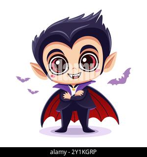 Bezaubernde Cartoon-Vampirfigur mit einem großen Lächeln, gekleidet in einem klassischen schwarz-roten umhang. Vektorabbildung Stock Vektor
