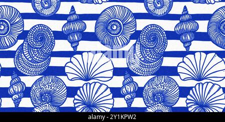 Modernes Cottage am Strand rustikale Muschelblöcke Muster Wohnkultur, Sealife Bannerstil. Azurblaues weißes Muschelmotiv mit nahtlosem Leinen-Batikmuster Stockfoto