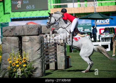 Calgary, Alberta, Kanada, 7. September 2024. Geraldine Straumann (SUI) Riding Long John Silver 3, BMO Nations Cup, CSIO Spruce Meadows Masters, CP Grand Prix - Credit: Peter Llewellyn/Alamy Live News Stockfoto