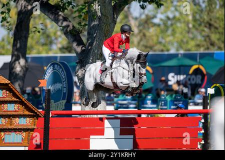 Calgary, Alberta, Kanada, 7. September 2024. Geraldine Straumann (SUI) Riding Long John Silver 3, BMO Nations Cup, CSIO Spruce Meadows Masters, CP Grand Prix - Credit: Peter Llewellyn/Alamy Live News Stockfoto
