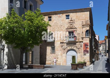 Kleines historisches Gebäude mit Steinmauern, verzierten Fenstern und einem Baum an einem sonnigen Tag, Palacio de los Rios y Salcedo, Palast der Rios und Salcedo, so Stockfoto