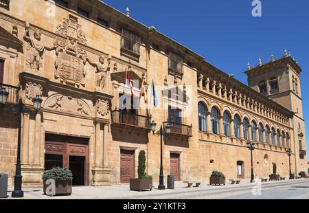 Historische Fassade eines Gebäudes mit Fahnen und Bögen, hellem Sonnenschein und klarem Himmel, Palacio de los Condes de Gomara, Palast der Grafen von Gomara, Stockfoto