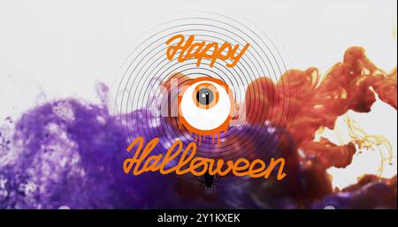 Bild von Happy halloween Text und Auge über violettem und weißem Hintergrund Stockfoto