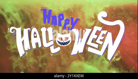 Bild von Happy halloween Text und Katze auf orangem Hintergrund Stockfoto