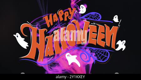 Bild von Happy halloween Text und Geistern auf rosa und schwarzem Hintergrund. Halloween, Tradition und Festkonzept digital generiertes Bild. Stockfoto