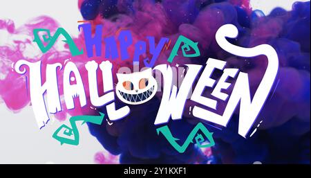 Bild von Happy halloween Text und Katze auf rosa und weißem Hintergrund Stockfoto