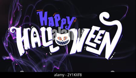 Bild von Happy halloween Text und Katze auf schwarzem Hintergrund Stockfoto