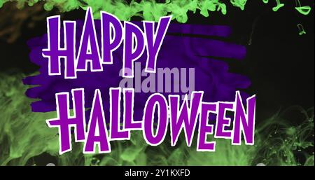 Bild von Happy halloween Text auf grünem und violettem Hintergrund Stockfoto