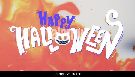 Bild von Happy halloween Text und Katze auf orangem und weißem Hintergrund Stockfoto