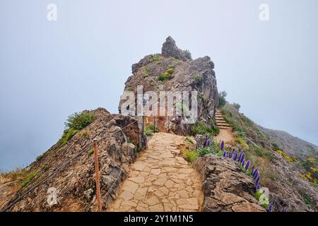 Der Wanderweg zwischen Pico de Arieiro und Pico Ruivo in Wolken, Madeira, Portugal Stockfoto