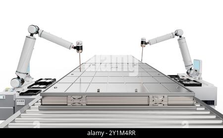 Herstellung von Automatisierungsbatterien mit 3D-Rendering-li-Ion- oder wiederaufladbarer Batterie, die vom Roboterarm auf weißem Hintergrund hergestellt wird Stockfoto