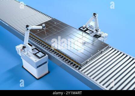 Automatisierungsbatterieherstellung mit 3D-Rendering-Li-Ionen oder wiederaufladbarer Batterie, die vom Roboterarm erzeugt wird Stockfoto