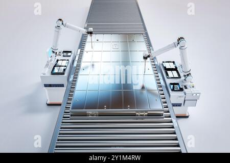 Automatisierungsbatterieherstellung mit 3D-Rendering-Li-Ionen oder wiederaufladbarer Batterie, die vom Roboterarm erzeugt wird Stockfoto