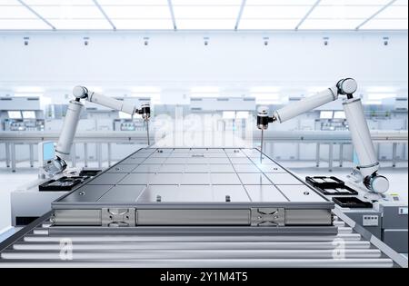 Automatisierungsbatterieherstellung mit 3D-Rendering-Li-Ionen oder wiederaufladbarer Batterie, die vom Roboterarm erzeugt wird Stockfoto