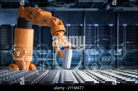 Automatisierungsbatterieherstellung mit 3D-Rendering-Li-Ionen oder wiederaufladbarer Batterie, die vom Roboterarm erzeugt wird Stockfoto