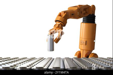 Herstellung von Automatisierungsbatterien mit 3D-Rendering-li-Ion- oder wiederaufladbarer Batterie, die vom Roboterarm auf weißem Hintergrund hergestellt wird Stockfoto