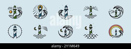 Sammlung von Lighthouse Vector Illustration Logo Design. Wave und Leuchtturmsymbol im Set. Inspiration für Ocean, Wave, Night und Lighthouse Logo. Stock Vektor