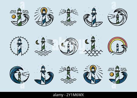 Sammlung von Lighthouse Vector Illustration Logo Design. Wave und Leuchtturmsymbol im Set. Inspiration für Ocean, Wave, Night und Lighthouse Logo. Stock Vektor