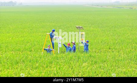 CHUZHOU, CHINA - 7. SEPTEMBER 2024 - Arbeiter inspizieren eine intelligente landwirtschaftliche Überwachungsausrüstung und führen Landwirte dazu, sie in Chuzhou, an, zu verwenden Stockfoto