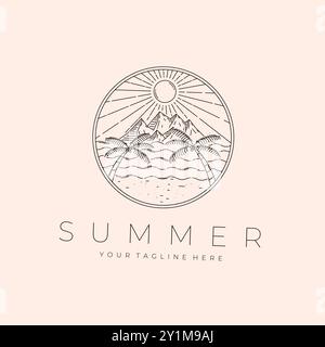 Outdoor Line Art Logo Vektor Illustration Design, Berg und Strand Logo Design Stock Vektor