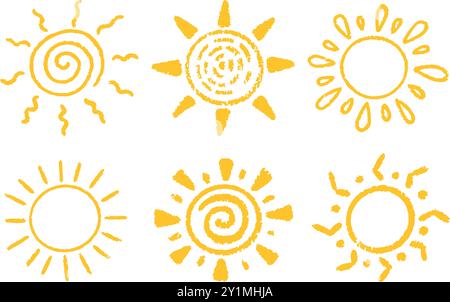 Sonnendudel-Symbole. Zeichentrickfilm Sommer handgezeichnete abstrakte Skizze. Niedliches gelbes Grunge-Symbol für Sonnenuntergang. Bleistiftvektor-Spiralillustration auf weiß Stock Vektor