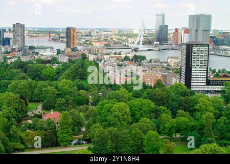 Ein Panoramablick auf die Skyline der Stadt mit modernen Gebäuden, einem Fluss und üppigen grünen Parks. Die Szene zeigt eine Mischung aus urbaner Architektur und na Stockfoto