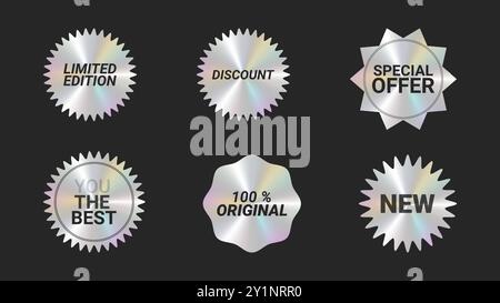 Holografische Aufkleber Logos Emblem Etiketten Farbset. Metallic-Effekt. Zur Verpackung von Werbematerial. Aufkleber für Kleidung oder Accessoires. Vektorabbildung. Stock Vektor