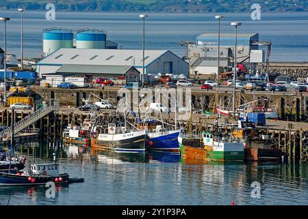 Mallaig Highland Scotland Ice Factory Gebäude und Fischerboote im Hafen Stockfoto