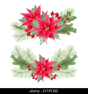 Weihnachtssträuße mit Weihnachtsstern, stechpalmenzweigen, Beeren, Kiefer, Tanne. Aquarell- und Markierungsabbildung. Zusammensetzung für saisonalen Winterurlaub Stockfoto